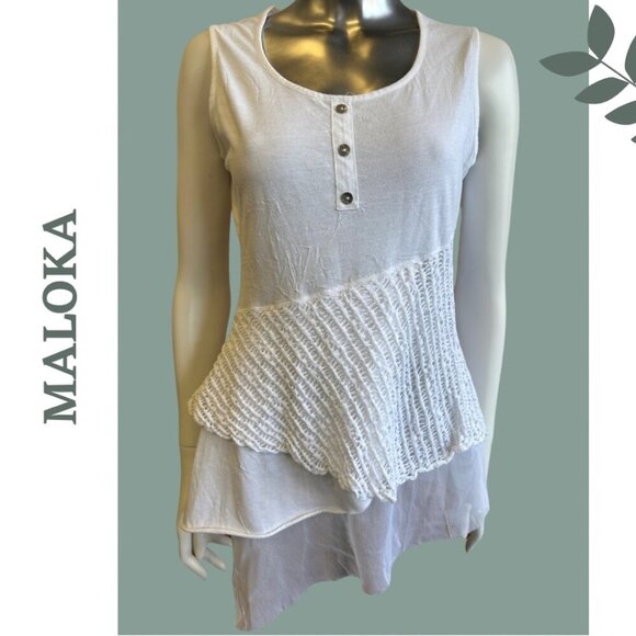 🛍️3/$40 Maloka White Sleeveless Tunic Knit Top Mixed Fabric Size 2 - Picture 1 of 6